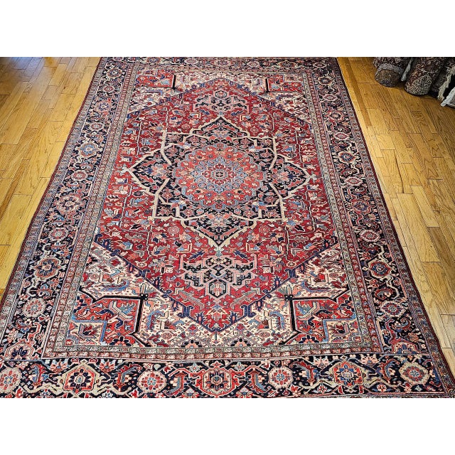 Vintage Oversized Persian Heriz Serapi, Hand-Knotted, Geometric Medallion Pattern, Red & Blue, 11x15 For Sale - Image 10 of 11