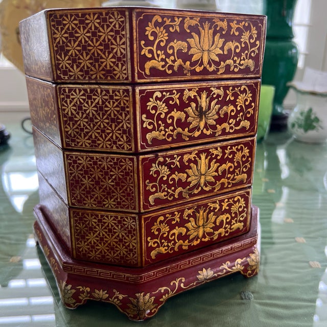 Vintage Chinese Red Lacquer Stacking Jewelry Box For Sale - Image 11 of 12