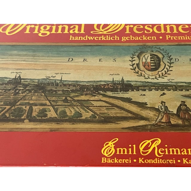 Colorful vintage tin box Dresden Germany with townscape , from cookies.