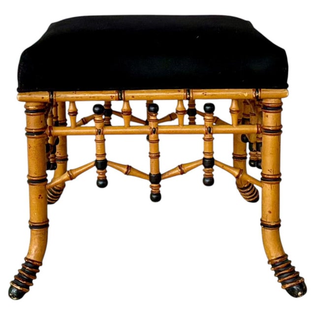 Faux Bamboo Accent Bench/Footstool With Black Upholstered Top For Sale - Image 10 of 10