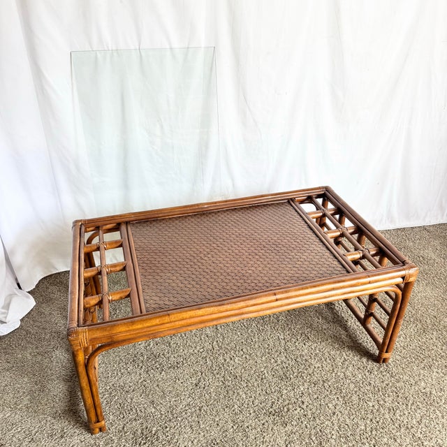 Late 20th Century Boho Chic Rattan and Wicker Inlaid Glass Top Coffee Table For Sale - Image 5 of 10