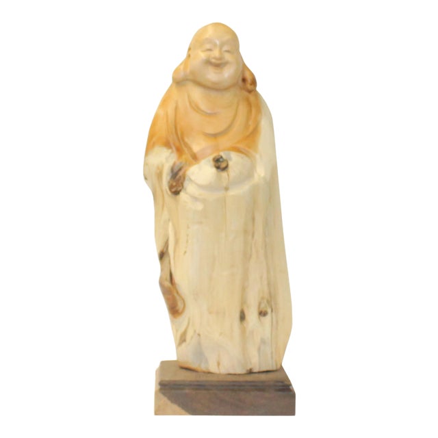 Chinese Cypress Wood Carved Irregular Shape Happy Buddha Statue For Sale