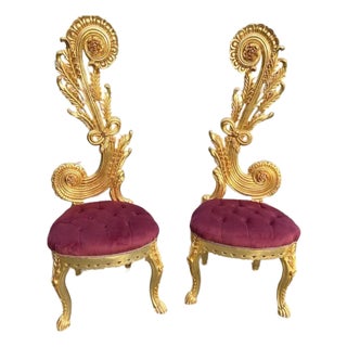 1980s Italian Rococo Gold Beech Velvet Side Chairs 2pc- Pair For Sale