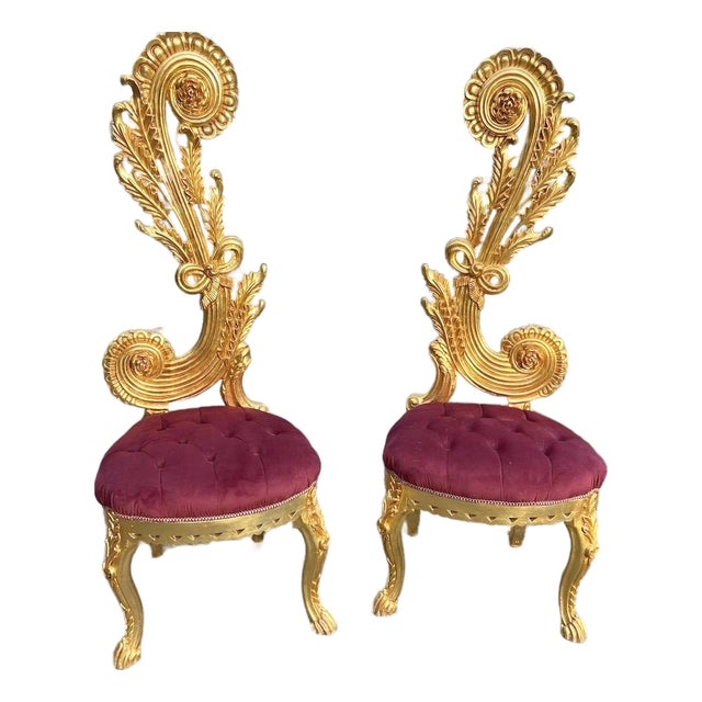 1980s Italian Rococo Gold Beech Velvet Side Chairs 2pc- Pair For Sale