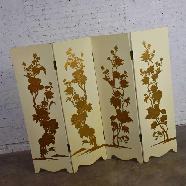 Hollywood Regency to Art Deco Folding Screen Four Panel Painted Off White With Floral Embossed Design For Sale - Image 9 of 13