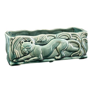 Vintage Green Panther Planter Rectangular Ceramic Console Bowl Mid Century Art Pottery For Sale