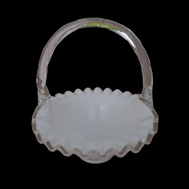 Fenton Silver Crest Milk Glass Faux Bamboo Glass Handle Basket Signed on Bottom. Ruffled Edge Basket. Lovely piece to...