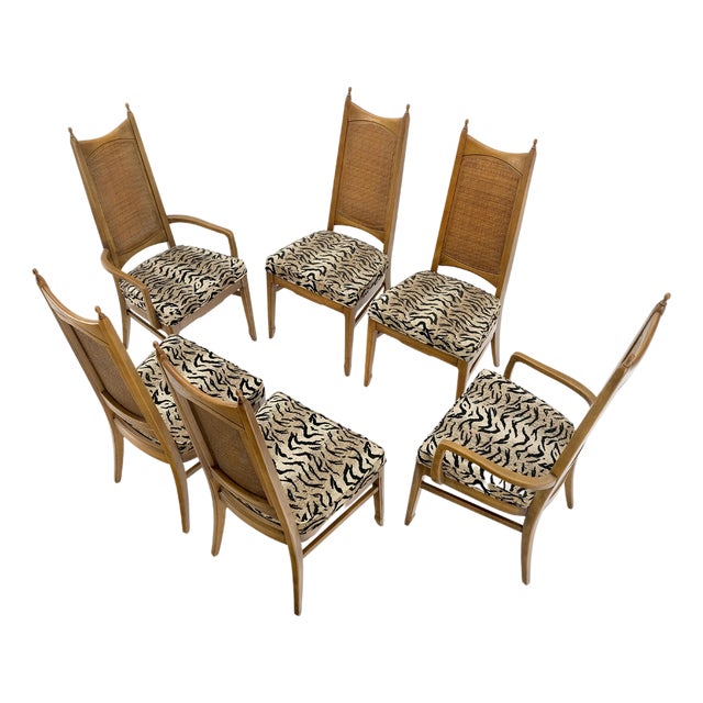 Set of 6 Cane Tall Back Pecan Mid-Century Modern Chairs Mint For Sale