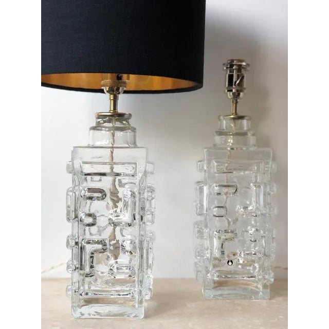 Pair of Pukeberg Clear Glass Table Lamps, Swedish Modern 60s Swedish Modernist Ice Glass Table Lamps by Pukeberg Glass...