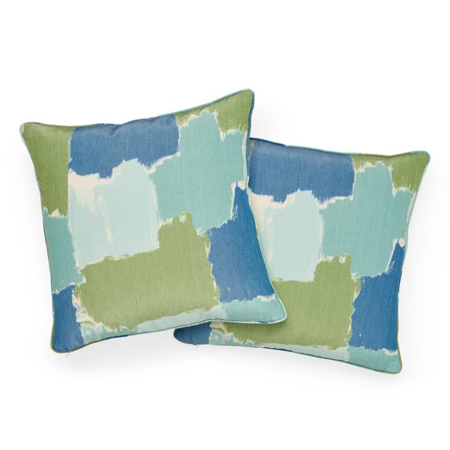 Early 21st Century Contemporary Schumacher Colorblock Ikat Aqua Linen Two-Sided Pillow For Sale - Image 5 of 7