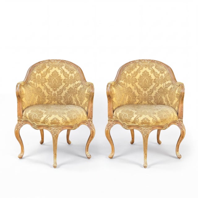 Italian Carved & Cerused Pine French Louis XV Style Barrel Tub Chairs - Pair For Sale - Image 14 of 16