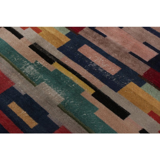 2010s 1940s Hand-Knotted Vintage Art Deco Rug in Multicolor Geometric Pattern For Sale - Image 5 of 5