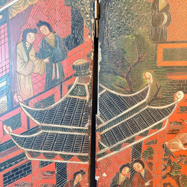Red 8 Panel Antique Wooden Chinese Screen For Sale - Image 8 of 18