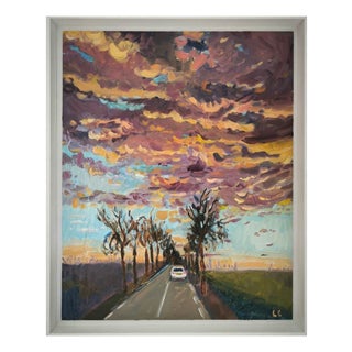 Linda Clerget, Stormy Sky on Favorite Road, Oil on Wood, Framed For Sale