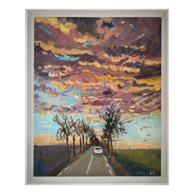 Linda Clerget, Stormy Sky on Favorite Road, Oil on Wood, Framed For Sale