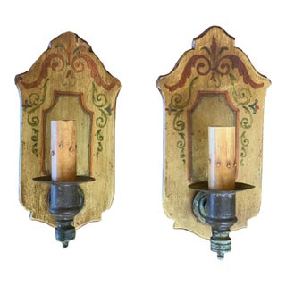 1920s Original Hand Painted on Wood Wall Sconces With Brass Candle Holders - a Pair For Sale