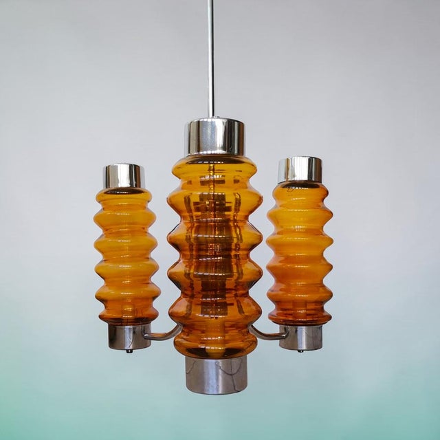 Tall Mid-Century Modern Chandelier in Amber Brown Glass and Chrome, 1970s For Sale - Image 10 of 10