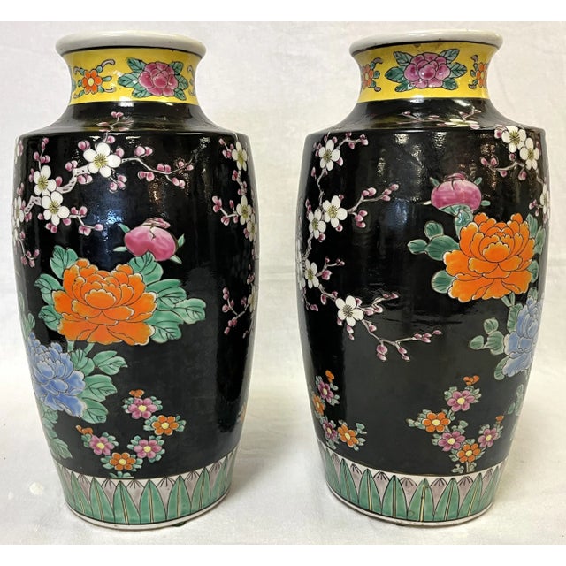 Mid 20th Century Mid Century Chinoiserie Birds With Peonies Hand Painted Porcelain Vases- a Pair For Sale - Image 5 of 12