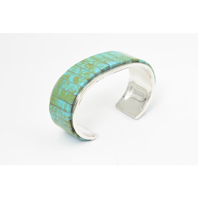 Vintage Teme Southwestern Turquoise Channel Inlay Sterling Silver Cuff for a Man or Large Woman's Wrist For Sale - Image 11 of 11