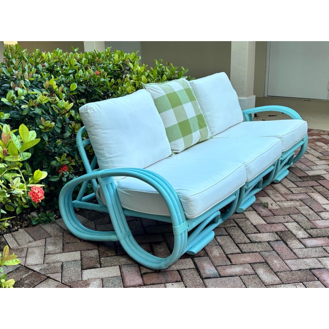 Mid 20th Century Mid-Century Bamboo Pretzel Sofa in Robin Egg Blue With New Restoration Hardware Outdoor Cushions for a Modern Appeal and Comfort. 3 Sections For Sale - Image 5 of 10