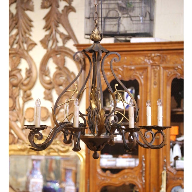 Mid Century French Louis XV Verdigris & Gilt Wrought Iron Eight-Light Chandelier For Sale In Dallas - Image 6 of 10