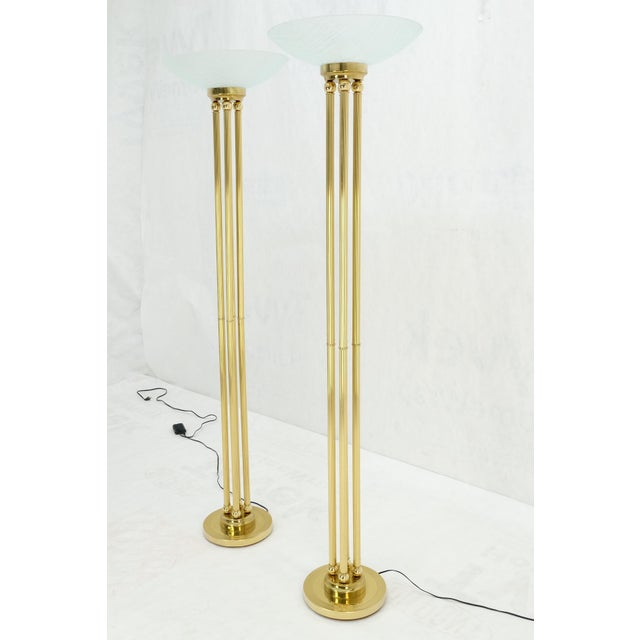 Pair of Mid Century Modern Brass Etched Glass Shades Torcheres Floor Lamps MINT! For Sale - Image 11 of 13
