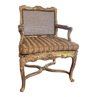 French 18th Century Regency Gilt Gold With Cane Armchair For Sale