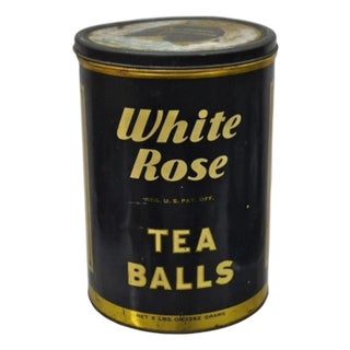 Vintage Art Deco White Rose Tea Balls 3 Lb Tin Metal Container Can Advertisement For Sale