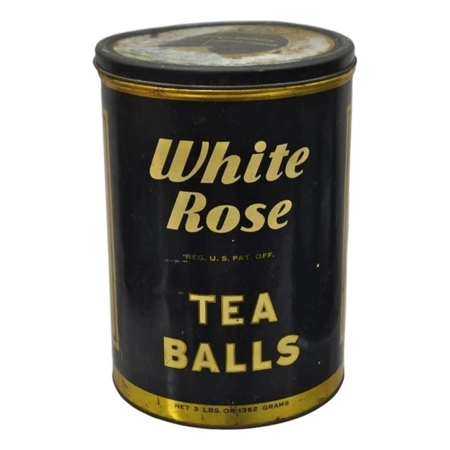 Vintage Art Deco White Rose Tea Balls 3 Lb Tin Metal Container Can Advertisement For Sale