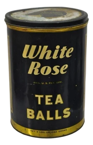 Vintage Art Deco White Rose Tea Balls 3 Lb Tin Metal Container Can Advertisement