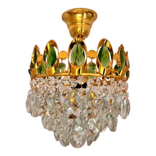 1960s French Brass Crown Chandelier – Rare Green & Clear Crystals For Sale