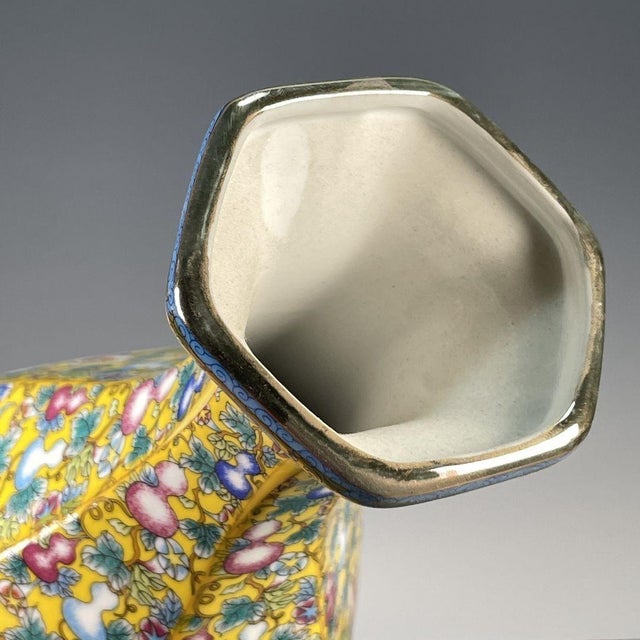 Yellow Chinese Yellow Ground Famille Rose Porcelain Hexagonal Vase With Gourd Motif For Sale - Image 8 of 9