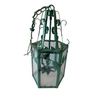 Vintage Hexagon Verdigris Metal and Seeded Glass Hanging Pendant Light For Sale