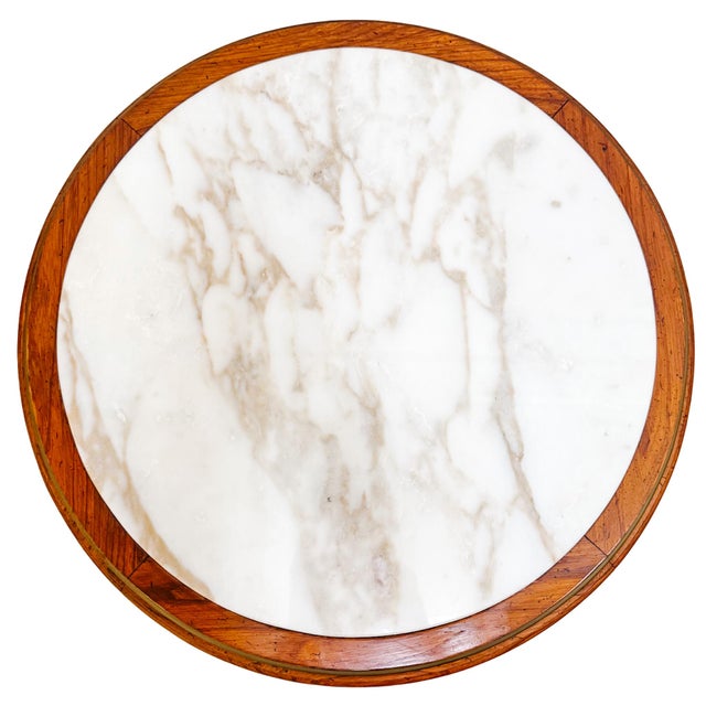 Louis XVI Style Round Gueridon Commode Tables With Carrara Marble & Floral Marquetry - A Pair For Sale - Image 9 of 18