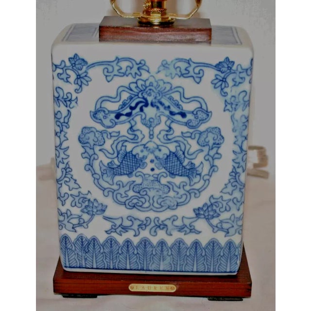 1990s Vintage Lauren Ralph Lauren White and Blue Koi Fish Small Porcelain Table Lamp With Shade For Sale - Image 5 of 7