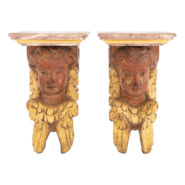 Late 19th Century Faux Marble Carved Giltwood Cherub Wall Shelves, 2 For Sale