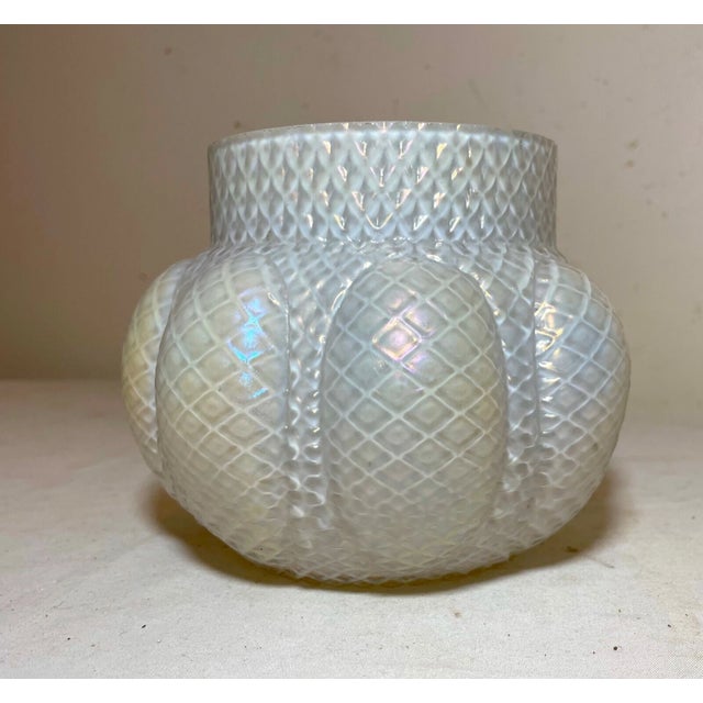Glass Antique Hand Blown Kralik Bohemian Studio Pressed White Iridescent Glass Vase For Sale - Image 7 of 12