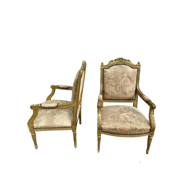1970s 1970s Pair of Louis XVI–Style Giltwood Armchairs With 22k Gold Leaf For Sale - Image 5 of 14