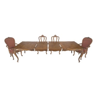 Country French Parquetry Top Table 6 Dining Chairs 2X22" Extension Board Leafs For Sale