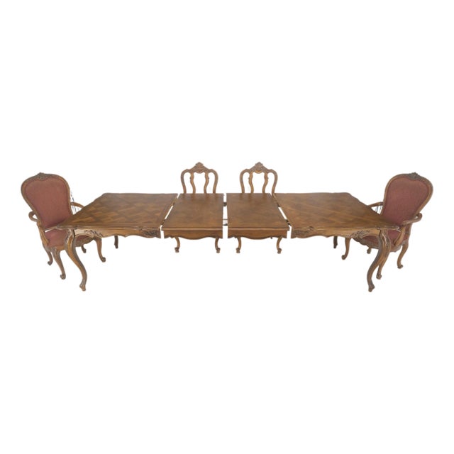 Country French Parquetry Top Table 6 Dining Chairs 2X22" Extension Board Leafs For Sale