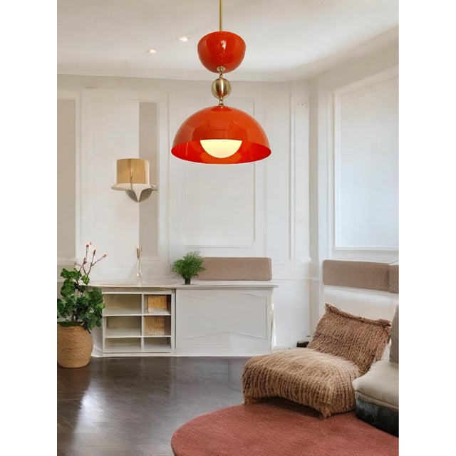 1-Light Metal Pendant With Orange Color and Milk Glass Shade For Sale - Image 9 of 12