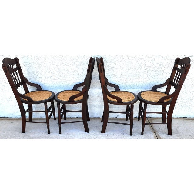 Antique Eastlake Victorian Style Walnut Cane Seat Side Dining Chairs Set of 4 For Sale - Image 9 of 13