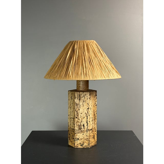 Wood Mid-Century Boho Cork Table Lamp with Raffia Shade in the style of Ingo Maurer, 1970s For Sale - Image 7 of 18