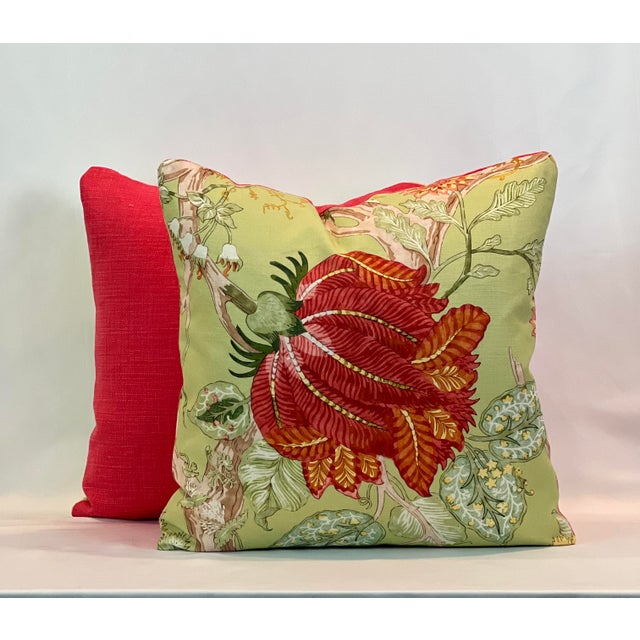 Exquisite 20”x20” pillows in jacobean floral linen attributed to Clarence House called “Arbre DeVie” color coral. Backs...