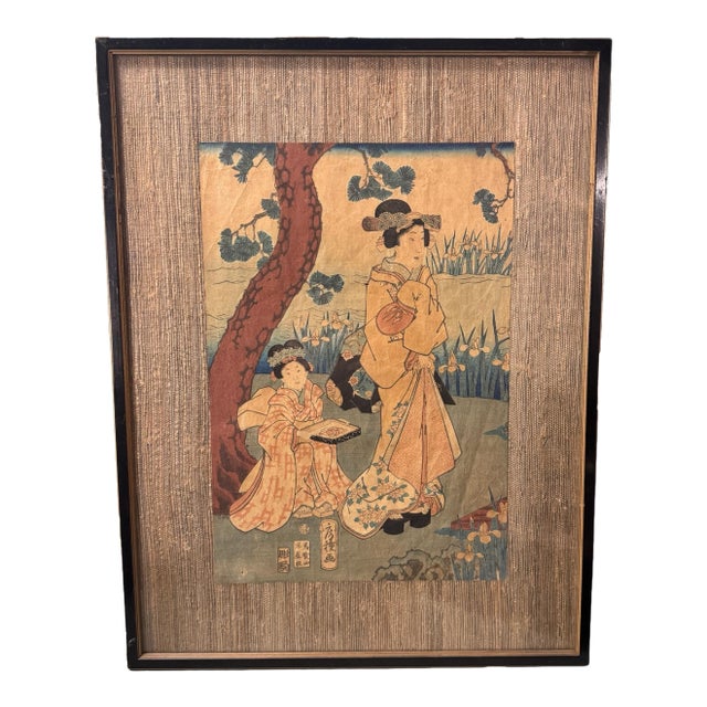 Antique Japanese Woodblock Print of 2 Women Signed by Utagawa Kurisa For Sale
