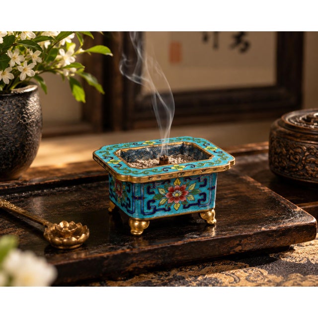 Chinese Antique Cloisonne Censer Brass Incense Burner Turquoise Enamel For Sale - Image 4 of 13