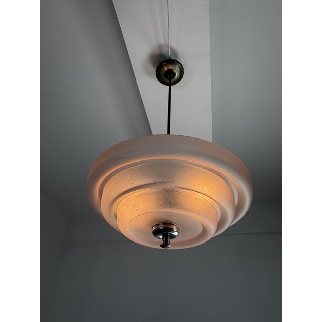 Art Deco 2-Light Pendant in Pink Glass and Chromed Metal, 1940s For Sale - Image 3 of 12