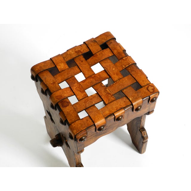 Vintage Oak Stool with Seat in Leather Straps, 1940s For Sale - Image 14 of 18