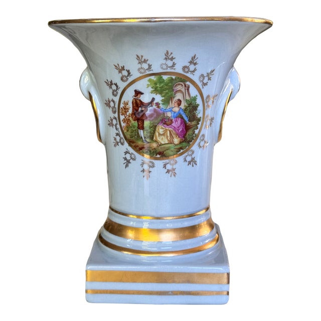 Mid-Century French Blue With Gold Gilt Fragonard Motif Vase For Sale