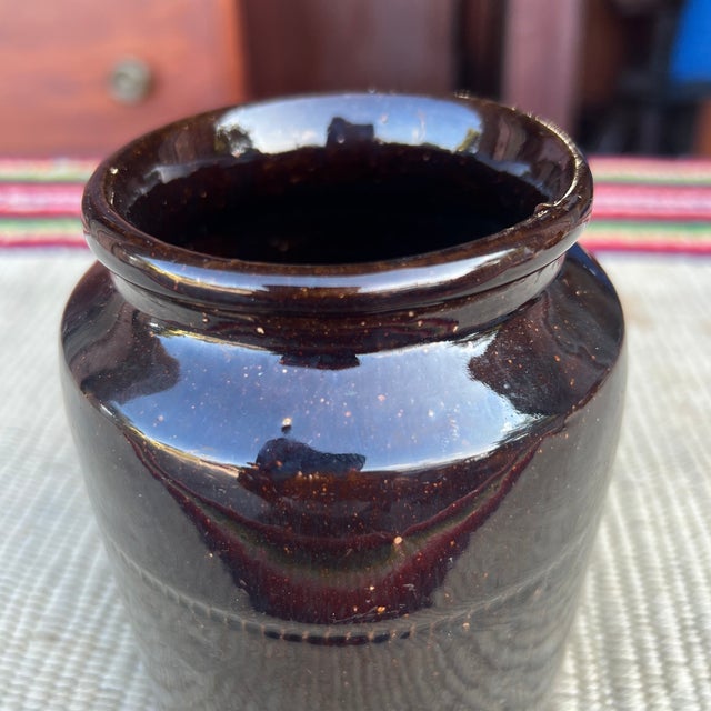 Brown A Fine Antique Pennsylvania Folk Art Redware Preserve Jar With an Albany Glaze, 1870's For Sale - Image 8 of 12